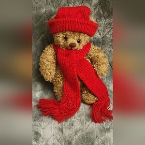 Cozy Red Knit Teddy Bear with Hat and Scarf